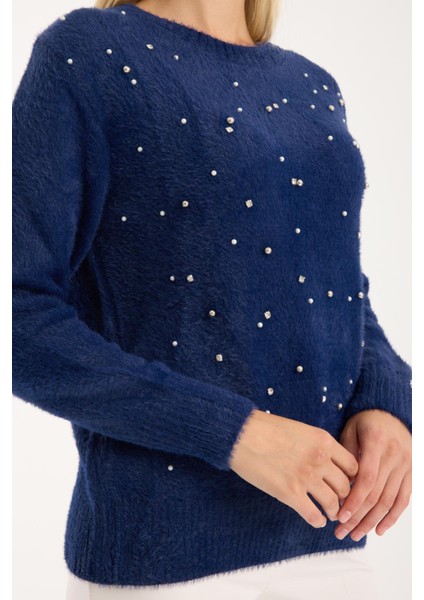 Kadın Lacivert Bisiklet Yaka Taş ve Inci Işlemeli Triko Kazak