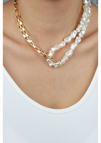 Barok Inci Geometrik Zincir Kolye