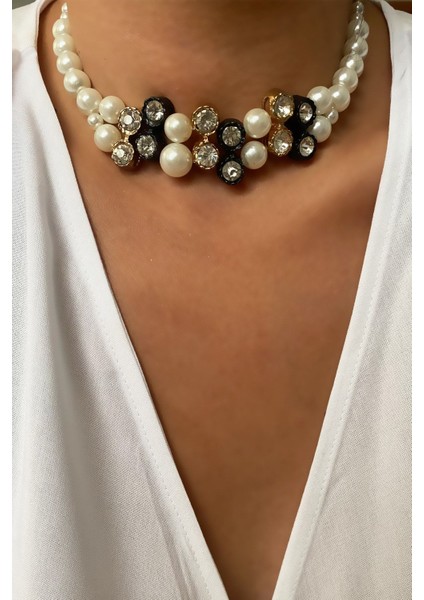 Taş Detay Inci Choker Kolye