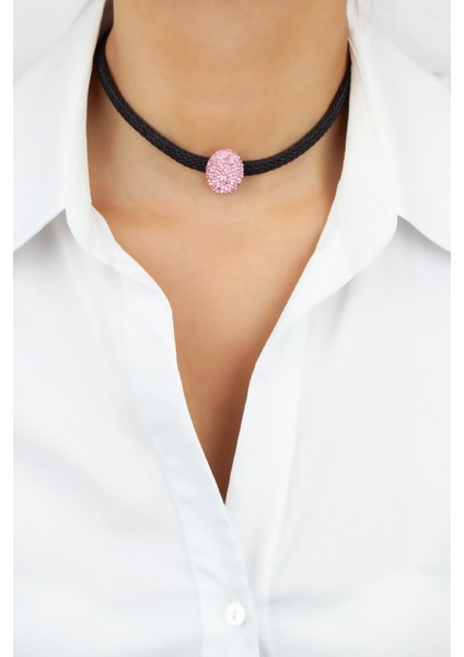 Pembe Kristal Taşlı Choker Kolye