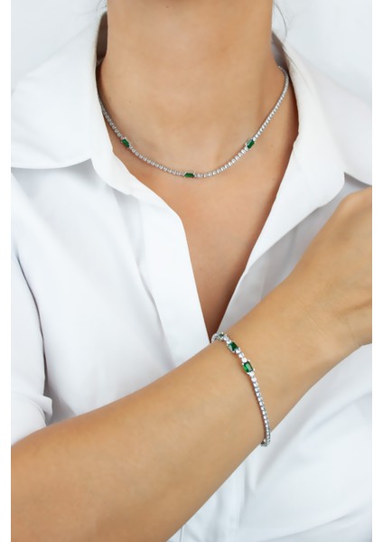 Suyolu Yeşil Kristal Detay Kolye Bileklik Set