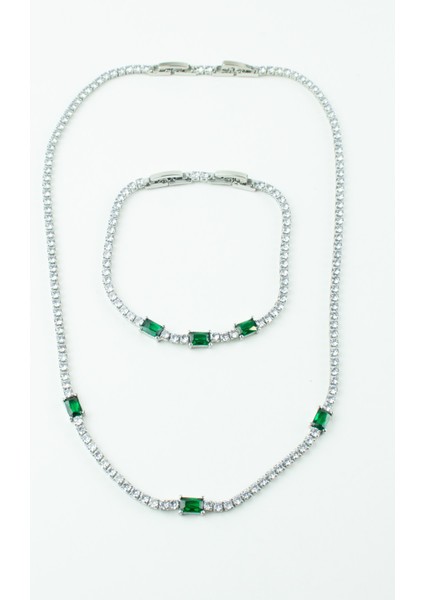 Suyolu Yeşil Kristal Detay Kolye Bileklik Set modelleri