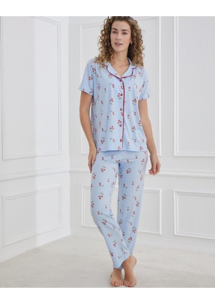 90141 Poliviskon Kısakol Düğmeli Kadın Pijama Takım