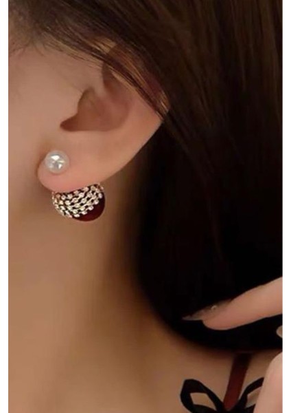 Zirkon Taşlı Inci Detay Kırmızı Küpe