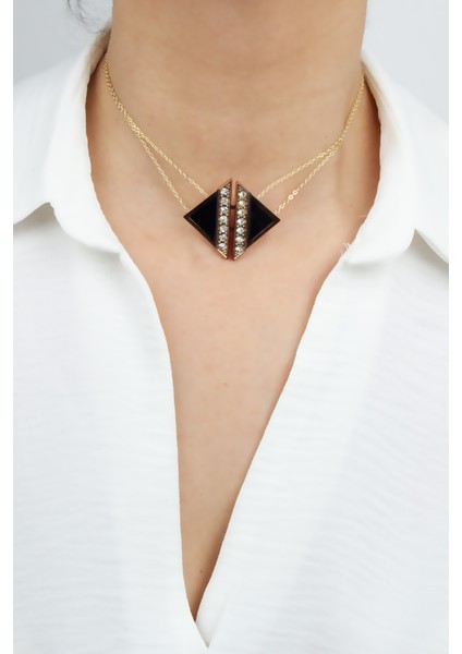 Siyah Mine Detay Ince Zincir Kolye