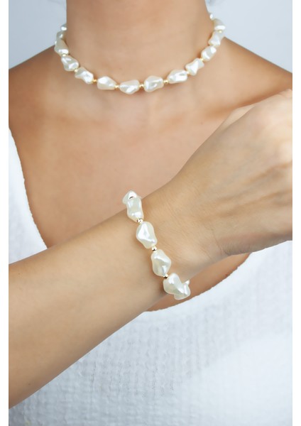 Barok Inci Gold Detay Kadın Kolye Bileklik Set