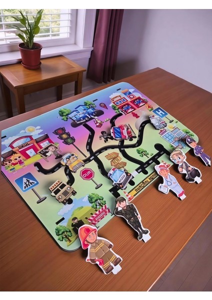 Ahşap Koordinasyon Oyunu (Hareketli Araçlar, Meslekler ve Trafik Levhaları)