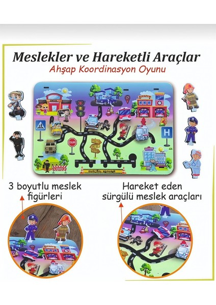 Ahşap Koordinasyon Oyunu (Hareketli Araçlar, Meslekler ve Trafik Levhaları) fırsatları