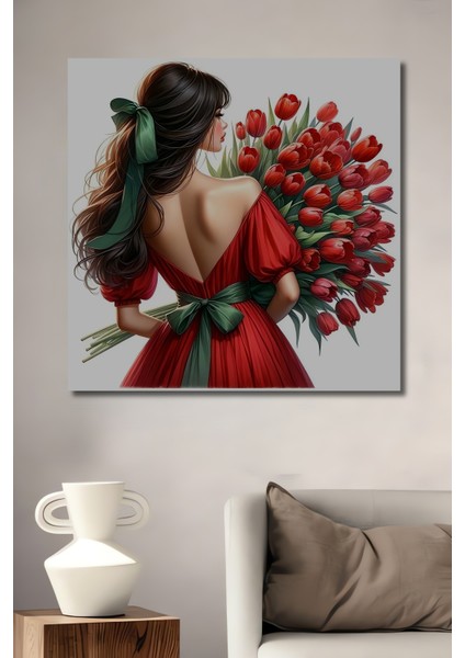 Gülümseyen Güzel Kadın Kırmızı Elbise Lale Demeti Ahşap Dekoratif Tablo Dikdörtgen Tablo