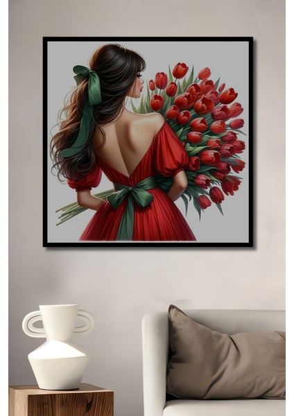 Gülümseyen Güzel Kadın Kırmızı Elbise Lale Demeti Ahşap Dekoratif Tablo Dikdörtgen Tablo fiyatları