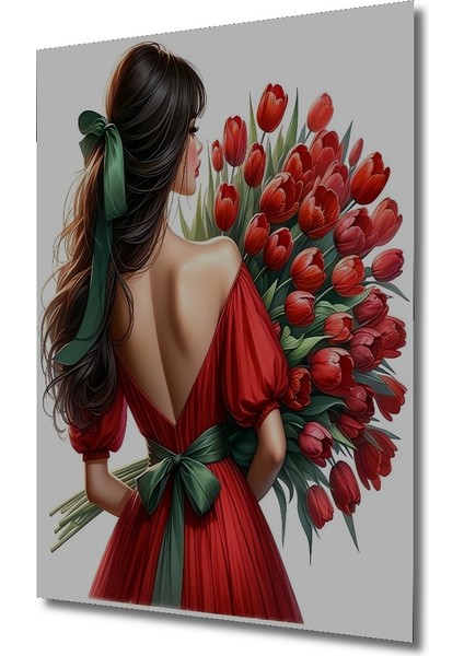 Gülümseyen Güzel Kadın Kırmızı Elbise Lale Demeti Ahşap Dekoratif Tablo Dikdörtgen Tablo modelleri
