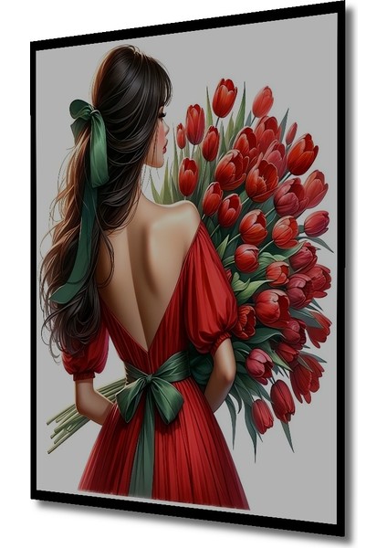 Gülümseyen Güzel Kadın Kırmızı Elbise Lale Demeti Ahşap Dekoratif Tablo Dikdörtgen Tablo indirimleri