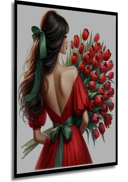 Gülümseyen Güzel Kadın Kırmızı Elbise Lale Demeti Ahşap Dekoratif Tablo Dikdörtgen Tablo