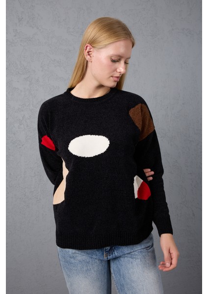 Kadın Siyah Şönil Kadife Renk Bloklu Bisiklet Yaka Triko Kazak fiyatları