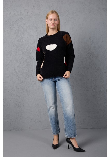 Kadın Siyah Şönil Kadife Renk Bloklu Bisiklet Yaka Triko Kazak