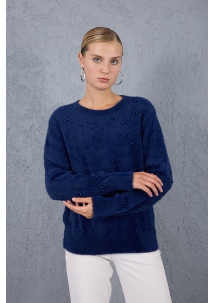 Kadın Koyu Laci Sakal Iplik Inci Detaylı Bisiklet Yaka Triko Kazak