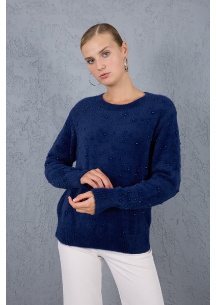 Kadın Koyu Laci Sakal Iplik Inci Detaylı Bisiklet Yaka Triko Kazak fiyatları