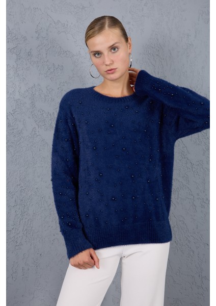 Kadın Koyu Laci Sakal Iplik Inci Detaylı Bisiklet Yaka Triko Kazak modelleri