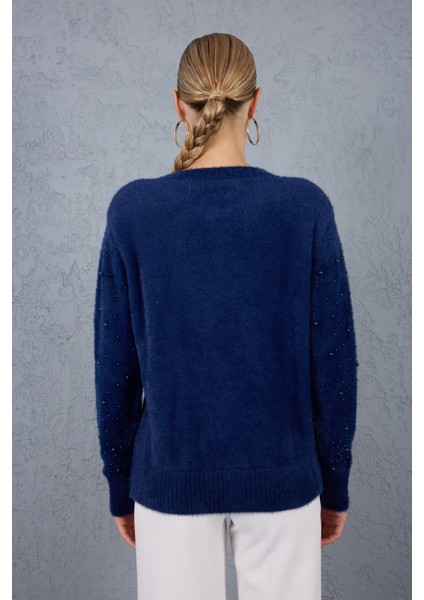 Kadın Koyu Laci Sakal Iplik Inci Detaylı Bisiklet Yaka Triko Kazak fırsatları