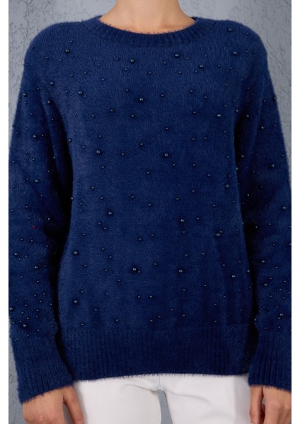 Kadın Koyu Laci Sakal Iplik Inci Detaylı Bisiklet Yaka Triko Kazak indirimleri