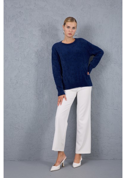 Kadın Koyu Laci Sakal Iplik Inci Detaylı Bisiklet Yaka Triko Kazak