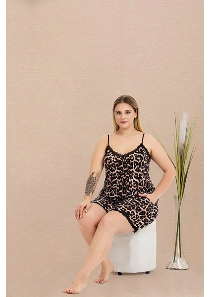 Lady Lingerie Leopar Desenli,ince Askılı,battal Beden Şortlu Kadın Pijama Takımı