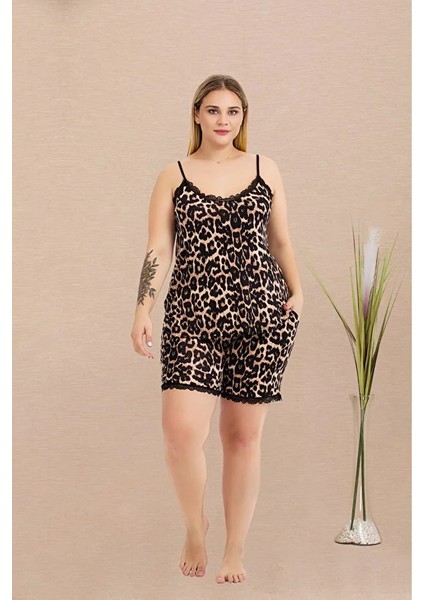 Lady Lingerie Leopar Desenli,ince Askılı,battal Beden Şortlu Kadın Pijama Takımı fiyatları