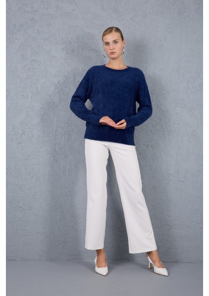 Kadın Koyu Laci Sakal Iplik Inci Detaylı Bisiklet Yaka Triko Kazak