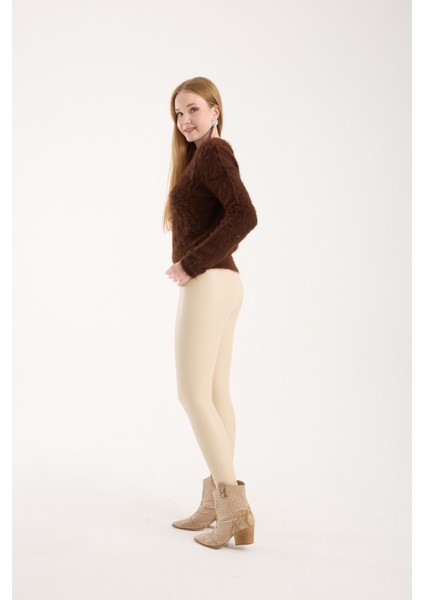 Kadın Acı Kahve Sakal Iplik Bisiklet Yaka Triko Kazak