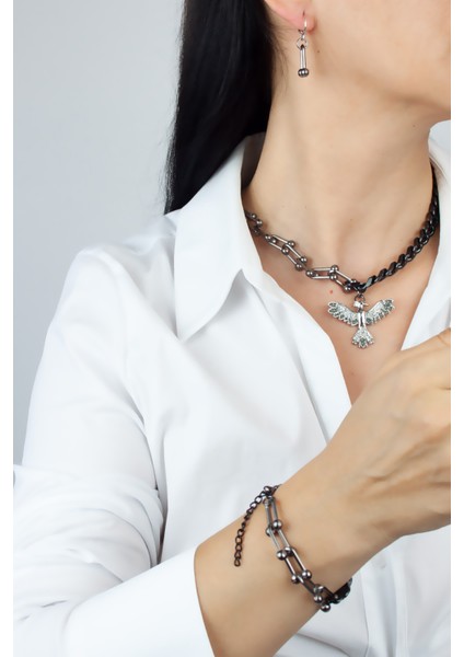 Zirkon Taşlı Ankakuş Figür Kolye Bileklik Küpe Set