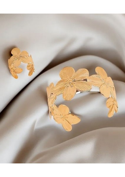 Altın Rengi Çiçekli Bilezik ve Yüzük Set fiyatları