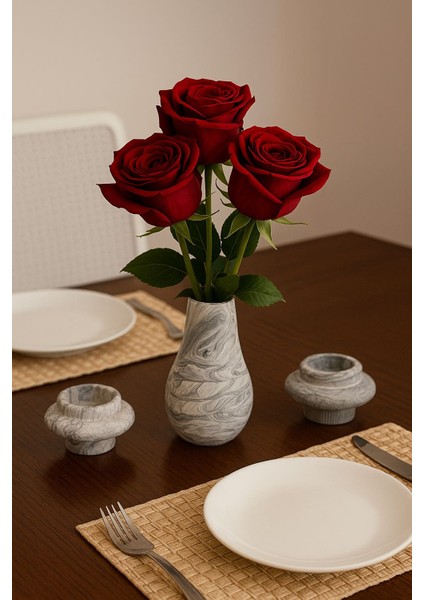 3’lü Mermer Desenli Vazo ve Mumluk Set