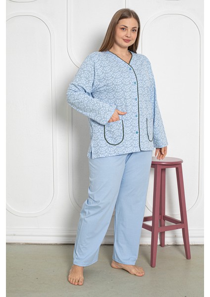 %100 Pamuklu Uzun Kollu Boydan Düğmeli Büyük Beden Kadın Pijama Takımı 206 modelleri