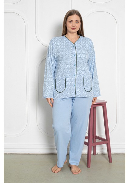 %100 Pamuklu Uzun Kollu Boydan Düğmeli Büyük Beden Kadın Pijama Takımı 206