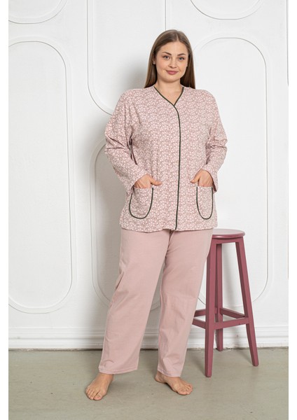 %100 Pamuklu Uzun Kollu Boydan Düğmeli Büyük Beden Kadın Pijama Takımı 206