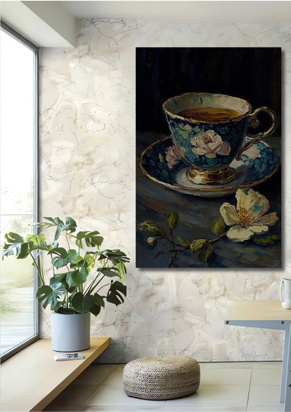 Çiçekli Osmanlı Fincanı Yağlı Boya Görünümlü Dekoratif Ahşap Tablo Dikdörtgen Tablo