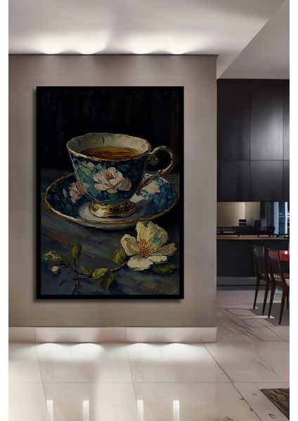 Çiçekli Osmanlı Fincanı Yağlı Boya Görünümlü Dekoratif Ahşap Tablo Dikdörtgen Tablo fiyatları