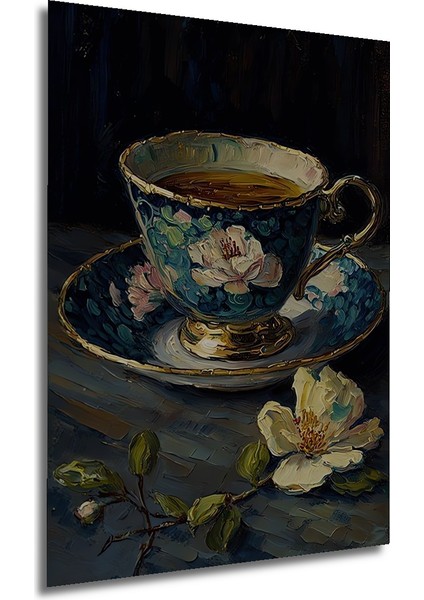 Çiçekli Osmanlı Fincanı Yağlı Boya Görünümlü Dekoratif Ahşap Tablo Dikdörtgen Tablo fırsatları