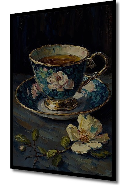 Çiçekli Osmanlı Fincanı Yağlı Boya Görünümlü Dekoratif Ahşap Tablo Dikdörtgen Tablo indirimleri