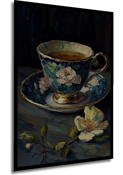 Çiçekli Osmanlı Fincanı Yağlı Boya Görünümlü Dekoratif Ahşap Tablo Dikdörtgen Tablo