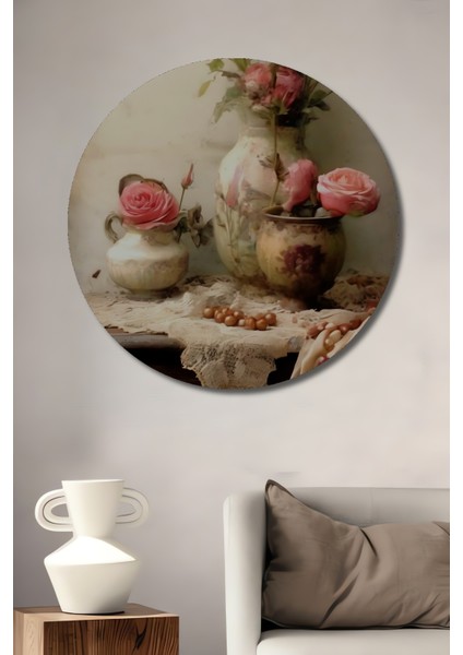 Romantik Gül Demeti Yağlı Boya Görünümlü Dekoratif Ahşap Tablo Yuvarlak Tablo