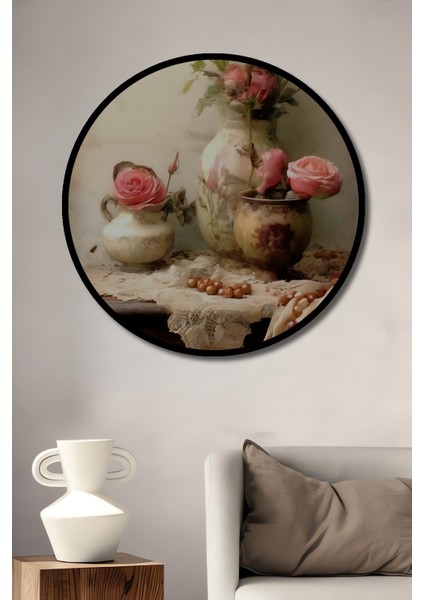 Romantik Gül Demeti Yağlı Boya Görünümlü Dekoratif Ahşap Tablo Yuvarlak Tablo fiyatları