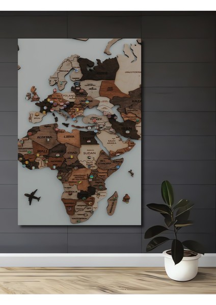 Ahşap Dünya Haritası Dekoratif Tablo Seyahat Anıları Modern Sanat Görünümlü Dikdörtgen Tablo
