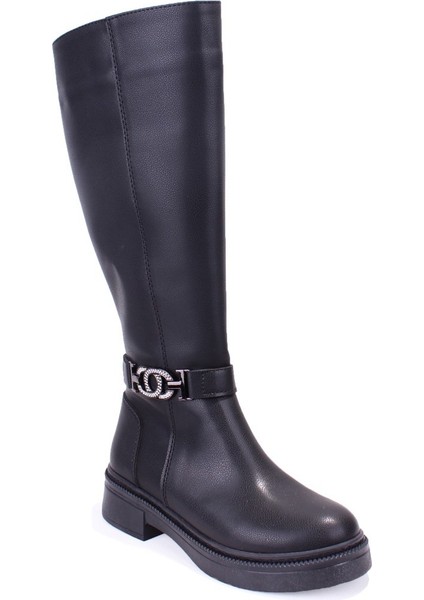 DZA07-1275107 Siyah Fermuarlı Düz Topuklu Kadın Çizme