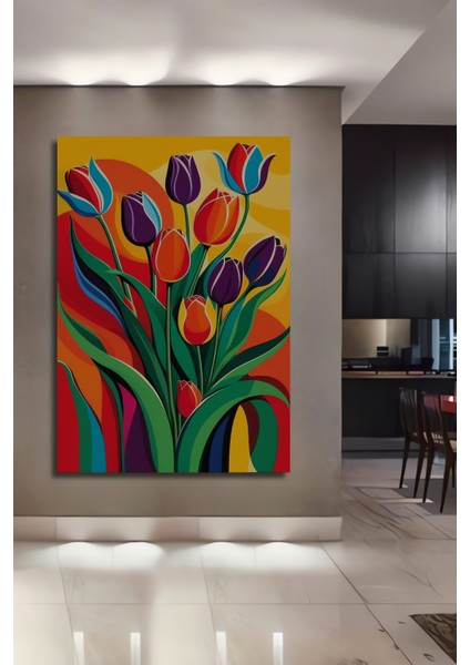 Renkli Lale Buketi Yağlı Boya Görünümlü Ahşap Dekoratif Tablo Dikdörtgen Tablo