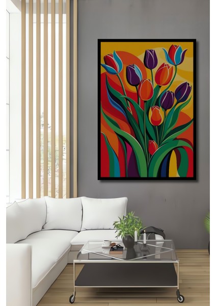 Renkli Lale Buketi Yağlı Boya Görünümlü Ahşap Dekoratif Tablo Dikdörtgen Tablo fiyatları