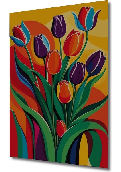 Renkli Lale Buketi Yağlı Boya Görünümlü Ahşap Dekoratif Tablo Dikdörtgen Tablo modelleri