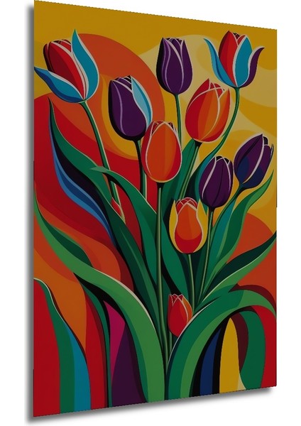 Renkli Lale Buketi Yağlı Boya Görünümlü Ahşap Dekoratif Tablo Dikdörtgen Tablo fırsatları