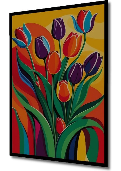 Renkli Lale Buketi Yağlı Boya Görünümlü Ahşap Dekoratif Tablo Dikdörtgen Tablo indirimleri