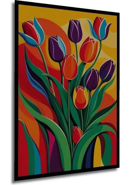 Renkli Lale Buketi Yağlı Boya Görünümlü Ahşap Dekoratif Tablo Dikdörtgen Tablo